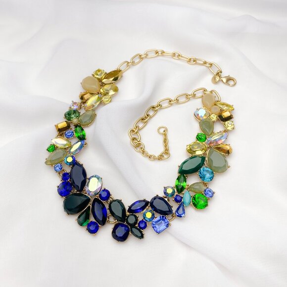 J. Crew Blue Green Yellow Ombre Chunky Rhinestone Gem Jewel Statement Necklace - Picture 2 of 13
